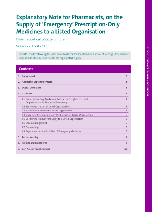 Explanatory Note for Pharmacists, on the Supply of ‘Emergency’ Prescription-Only Medicines to a Listed Organisation