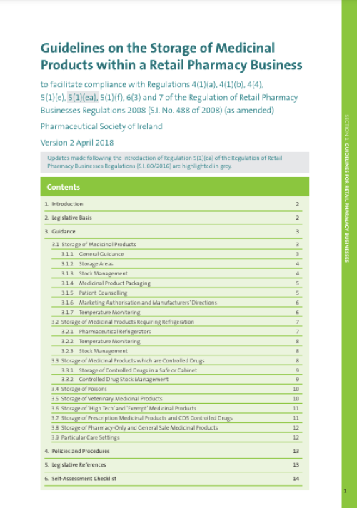 Guidelines on the Storage of Medicinal Products within a Retail Pharmacy Business pdf cover