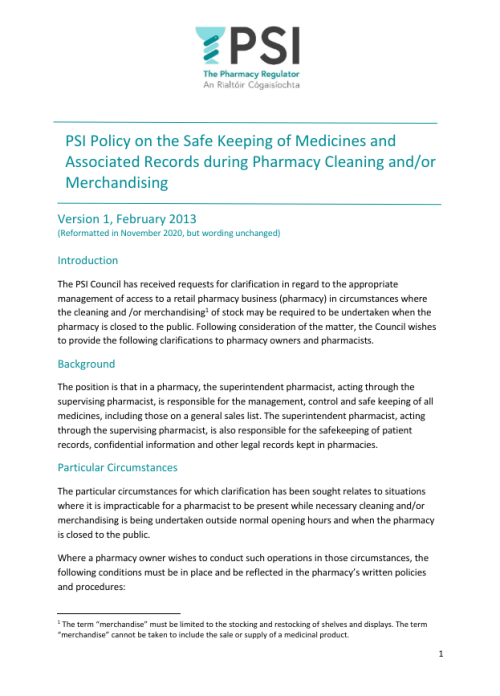 PSI Policy on the Safe Keeping of Medicines and Associated Records during Pharmacy Cleaning and/or Merchandising pdf cover
