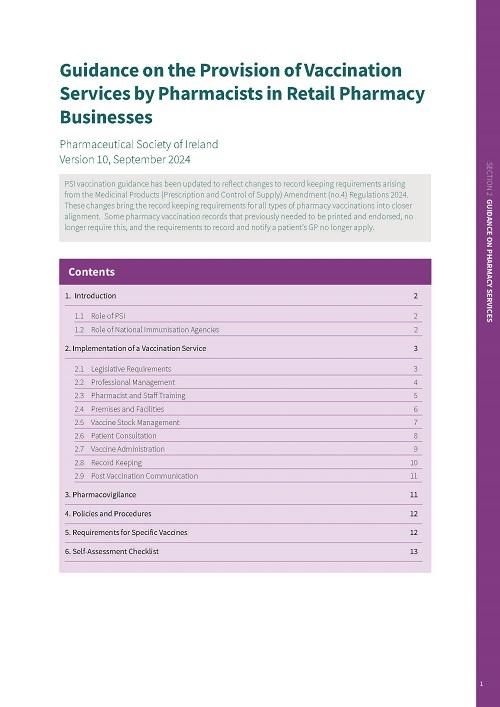 Cover of guidance document for Guidance on the Provision of Vaccination Services by Pharmacists in Retail Pharmacy Businesses