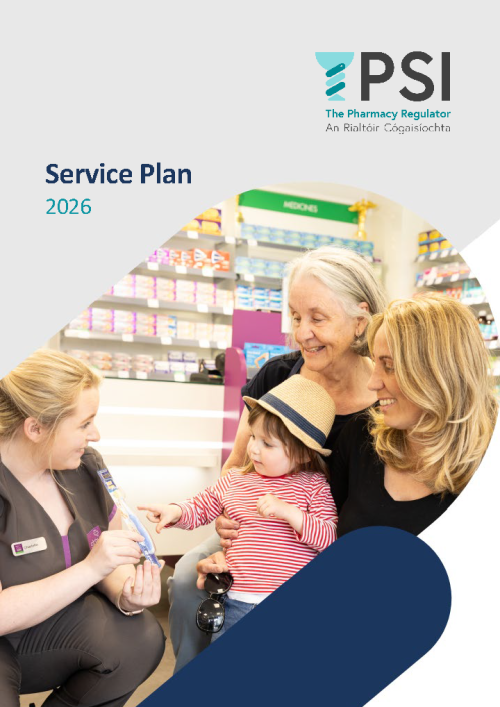 Cover of the PSI Service Plan 2026 featuring a scene inside a pharmacy. A staff member in uniform is kneeling and showing a medication item to a small child who is sitting on an adult’s lap. Another adult sits beside them. Shelves stocked with medicines and pharmacy products are visible in the background. The PSI logo and the title “Service Plan 2026” appear at the top of the page.