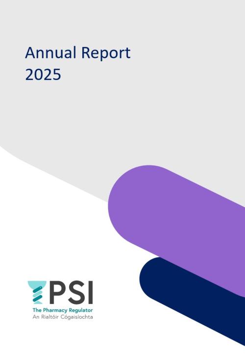 Front cover of Annual Report 2025 contains PSI logo in green, blue and black and pill shaped designs in purple and navy