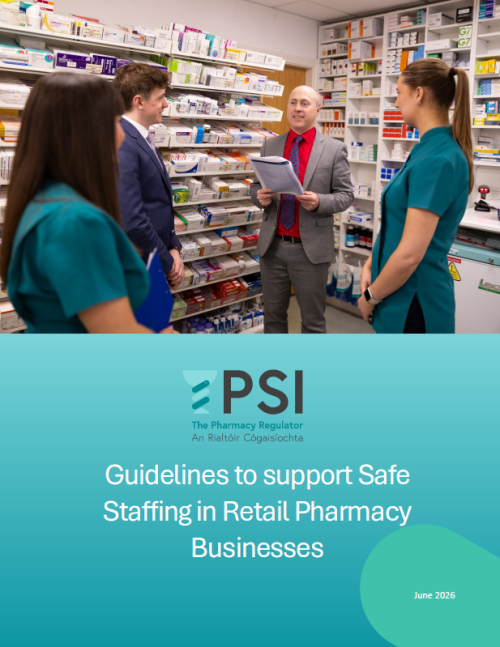 Cover of Safe Staffing Guidelines containing photo of pharmacy staff in a dispensary