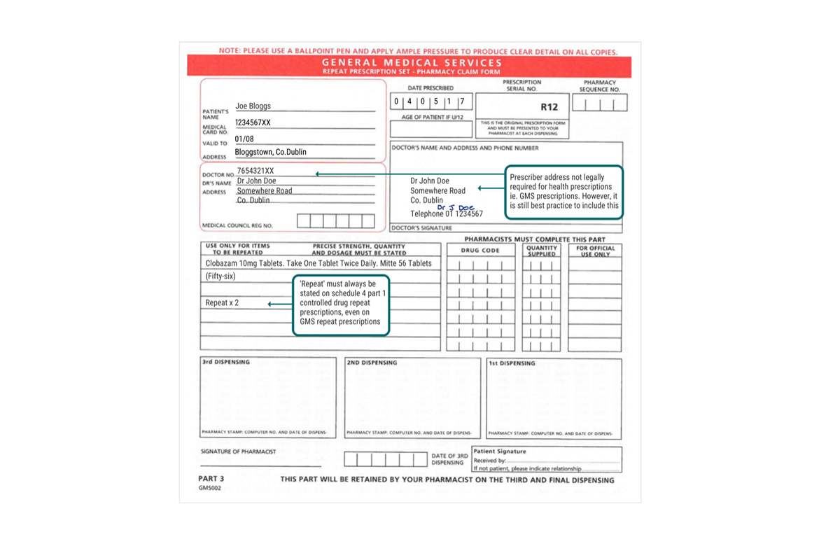Example of GMS Repeat Prescription for a Schedule 4 Part 1 CD