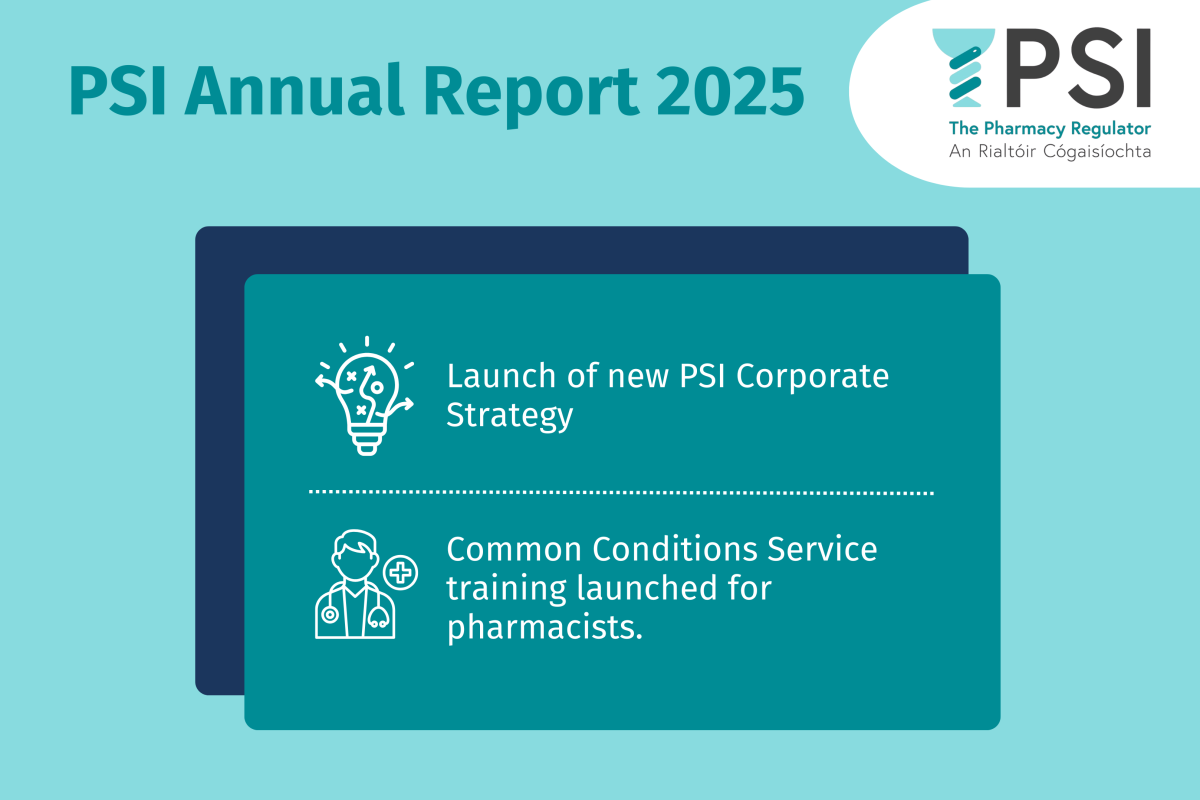 Green tile with text about launch of the PSI Corporate Strategy in 2025 and launch of Common Conditions Service training for pharmacists